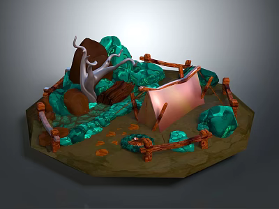 Cartoon Scene with Green Emeralds Brown Tree Stump and Fence Pink Tent and Orange Pebbles 3d model
