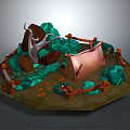 Cartoon Scene with Green Emeralds Brown Tree Stump and Fence Pink Tent and Orange Pebbles