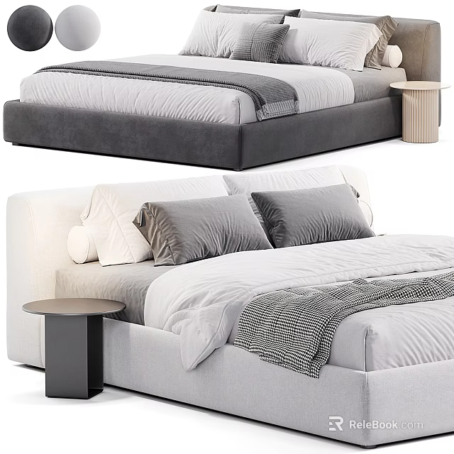 Modern Double Bed With Soft Gray Pillows Cozy Blanket And Bedside Table 3d model 