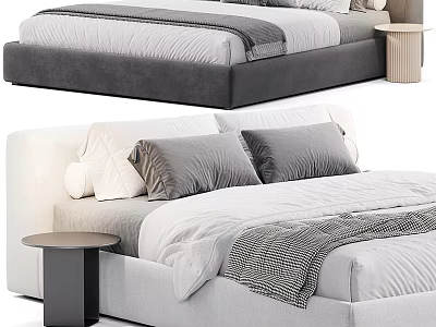 Modern Double Bed With Soft Gray Pillows Cozy Blanket And Bedside Table 3d model