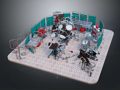 Indoor Rehabilitation Room Interior With Wheelchairs Hospital Beds And Training Equipment 3d model