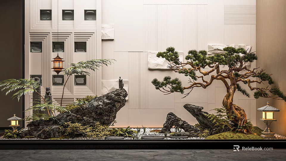 Indoor Landscape Design Featuring Rock Formations Pine Tree Lantern And Water Feature 3d model