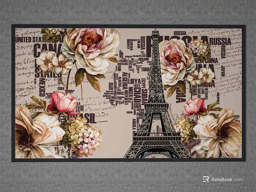 Vintage Eiffel Tower Themed Decorative Painting With Flowers And Text Elements 3d model