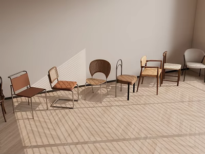 Different Stylish Single Chairs Displayed In Bright Room With Wood Floor And Sunlight 3d model