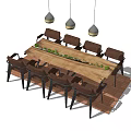 Wooden Dining Table Set With Chairs Hanging Pendant Lights And Green Plant Decoration On Rug