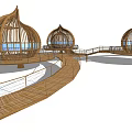 Outdoor Scenic Three Dome Structures Connected By Wooden Walkways Architectural Design