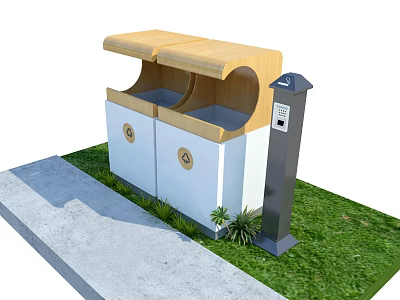 Outdoor Dual Compartment Trash Bin With Wooden Top White Cabinet Smart Sensor Pole Grass Sidewalk 3d model