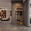 Modern Showroom Interior With Marble Countertop Brown Chairs Colorful Panels And Track Lighting