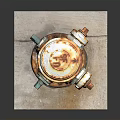 Building Exterior Rusted Fire Hydrant With Chain Number 8 And White Base