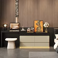 Modern Bedroom Dressing Table With Black Countertop Beige Drawers White Stool And Artwork