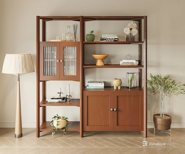 Modern Wooden Bookcase Interior With Books Vase Glassware And Decorative Items 3d model 
