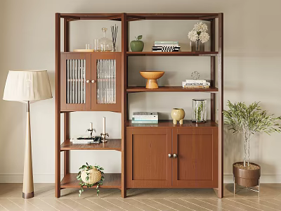 Modern Wooden Bookcase Interior With Books Vase Glassware And Decorative Items 3d model