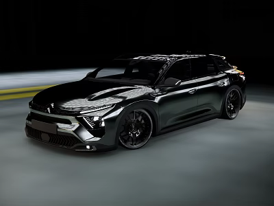 Sleek Black Modern Car Driving On Road With Aerodynamic Body And Sporty Wheels 3d model
