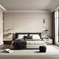 Serene Modern Bedroom Interior With Platform Bed And Floor To Ceiling Windows 3d model