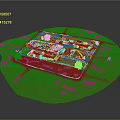 Cartoon Village Scene with Circular Dirt Terrain Small Buildings Green Trees and Dirt Roads