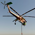 Orange and Green Heavy Lift Helicopter With Multiple Rotors And Suspended Load Cable