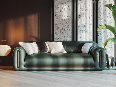 Green Two-seater Leather Sofa with White and Dark Pillows in Modern Interior with Decorative Screen 3d model