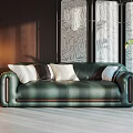 Green Two-seater Leather Sofa with White and Dark Pillows in Modern Interior with Decorative Screen