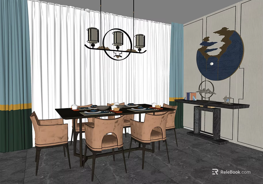 Elegant Modern Dining Table Set With Brown Chairs Pendant Light And Wall Decor 3d model