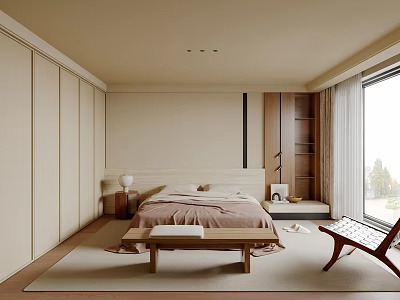Minimalist Modern Bedroom Interior With Platform Bed Wooden Nightstand and Large Window 3d model