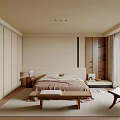 Minimalist Modern Bedroom Interior With Platform Bed Wooden Nightstand and Large Window