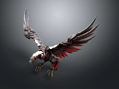 Mechanical Eagle Character Design With Metallic Wings And Red Accents 3d model