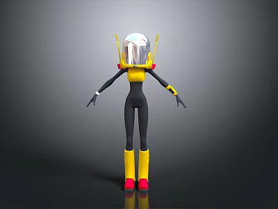3D Robot Model With Silver Head Yellow Shoulders Black Bodysuit Yellow Boots And Red Soles 3d model