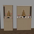 Traditional Wooden Buddhist Shrines Featuring Golden Buddha Statues With Halos And Offerings