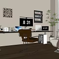 Modern Desk Setup With Laptop Digital Clock Bookshelf Plant Chair And Window Blinds