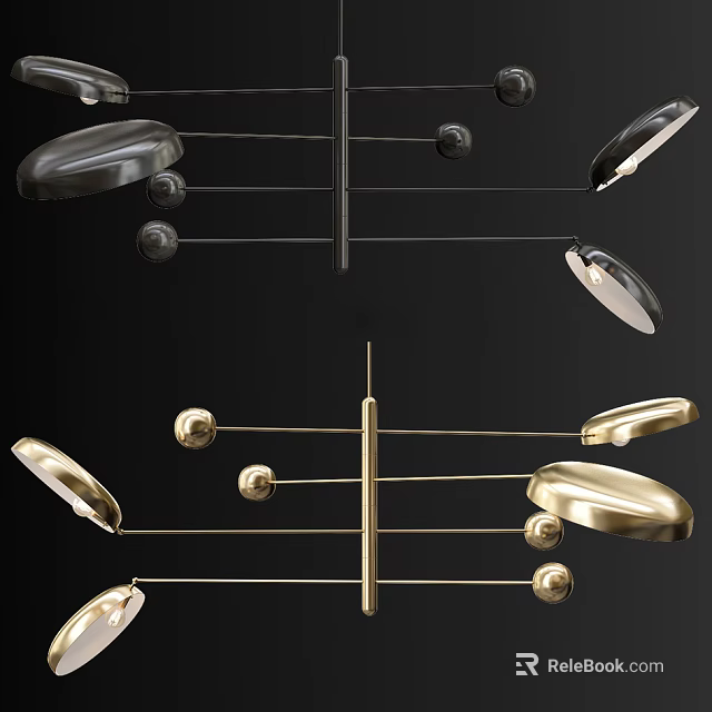 Modern Metal Chandelier Design With Spheres Disks Black And Gold Accents 3d model 