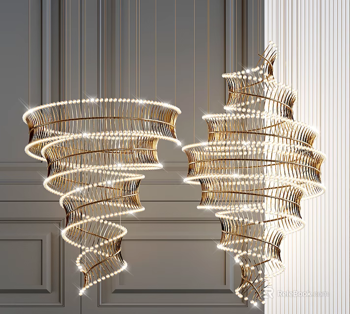 Elegant Pair of Spiral Crystal Chandeliers with Metal Frame Illuminated Design 3d model 