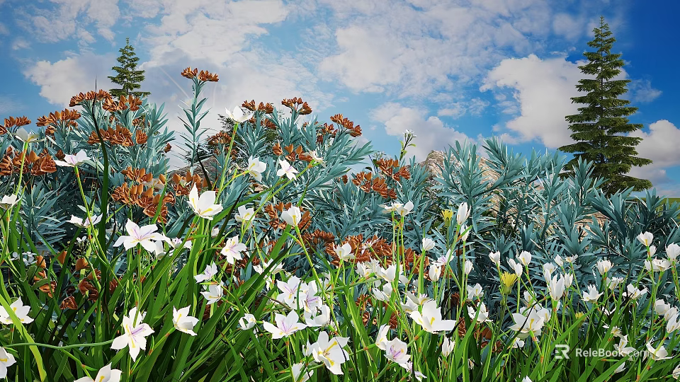 Vibrant Botanical Painting With White Flowers Orange Blooms Blue Foliage Green Grass Mountain And Sky 3d model 
