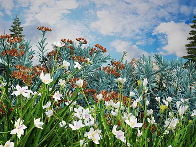 Vibrant Botanical Painting With White Flowers Orange Blooms Blue Foliage Green Grass Mountain And Sky 3d model