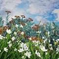 Vibrant Botanical Painting With White Flowers Orange Blooms Blue Foliage Green Grass Mountain And Sky