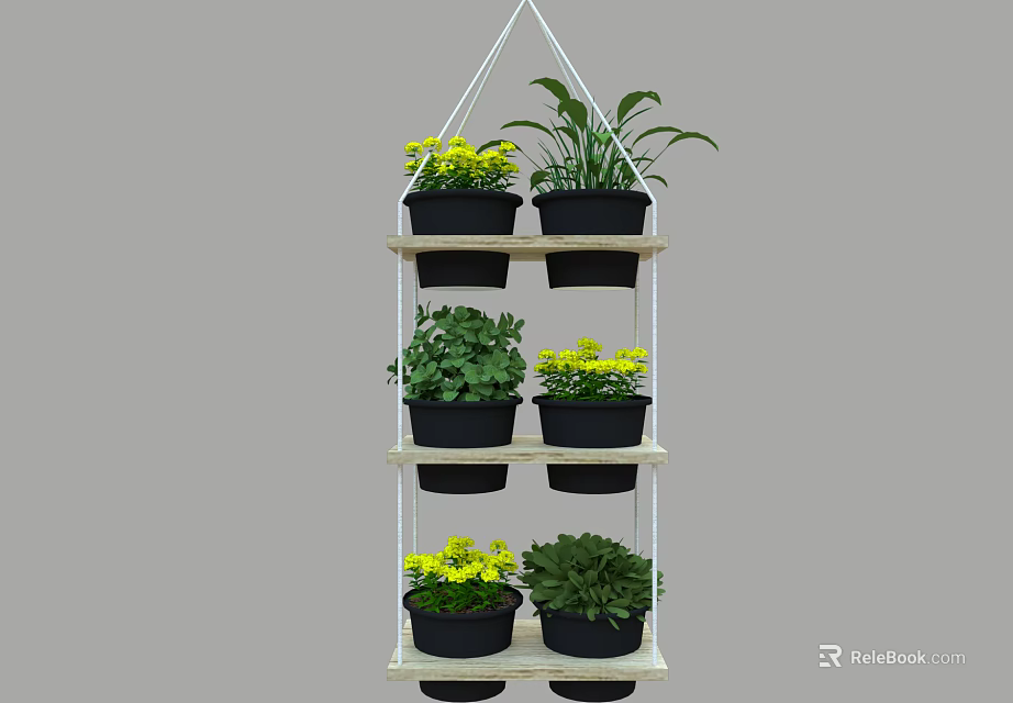Bonsai Potted Plants Arranged On Multi tiered Wooden Shelf With Various Green Plants And Yellow Flowers For Indoor Decor 3d model 
