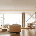 Modern Living and Dining Room Interior Design With Light Sofa Wooden Table And Round Window