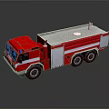 Red and white fire truck with water tank multiple wheels and white stripes