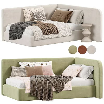Cozy Single Bed with Soft Pillows and Warm Blankets in Green Brown Gray 3d model