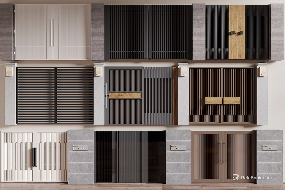 Various Modern Entry Door Designs With Grilles And Wood Elements 3d model 