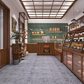Warm Dessert Shop Interior Featuring Wooden Shelves Glass Display Cases Green Tiled Walls And Pastries