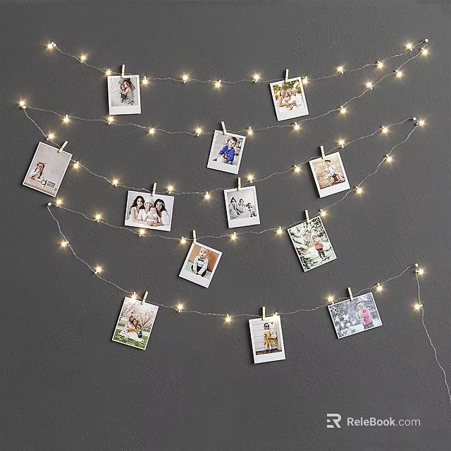 Decorative Photo Wall Display With Clothespins String Fairy Lights And 3d model 