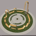 Curved Yellow Landscape Seats In Circular Green Lawn Area With People On Swings