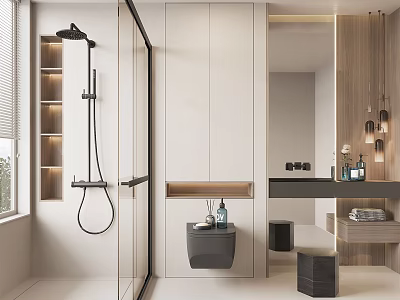 Modern Bathroom Interior With Glass Shower Black Fixtures White Cabinets And Wood Accents 3d model