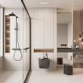 Modern Bathroom Interior With Glass Shower Black Fixtures White Cabinets And Wood Accents