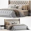 Modern Double Bed With Tufted Headboard Multiple Decorative Pillows Soft Comforter And Plush Blanket 3d model