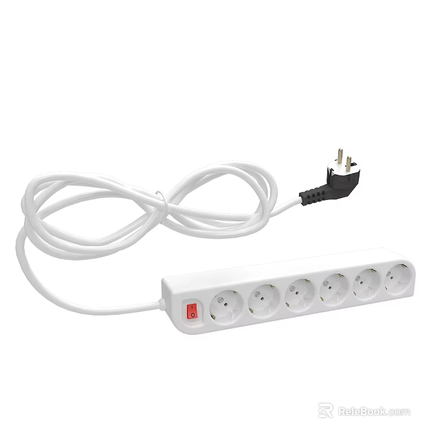 White Electrical Power Strip With Multiple Outlets Red Switch And Power Cord 3d model 