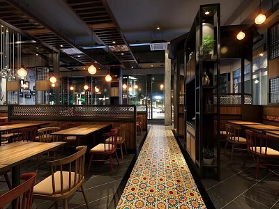 Warm Restaurant Interior With Wooden Tables Chairs Pendant Lights And Colorful Tiled Floor 3d model