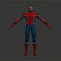 Man wearing Spider Man costume with red and blue suit standing against gray background