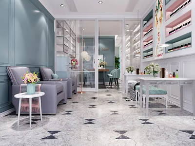 Beauty Hair Salon Interior With Light Blue Walls Gray Sofas Flower Decorations And Marble Floor 3d model
