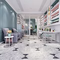 Beauty Hair Salon Interior With Light Blue Walls Gray Sofas Flower Decorations And Marble Floor